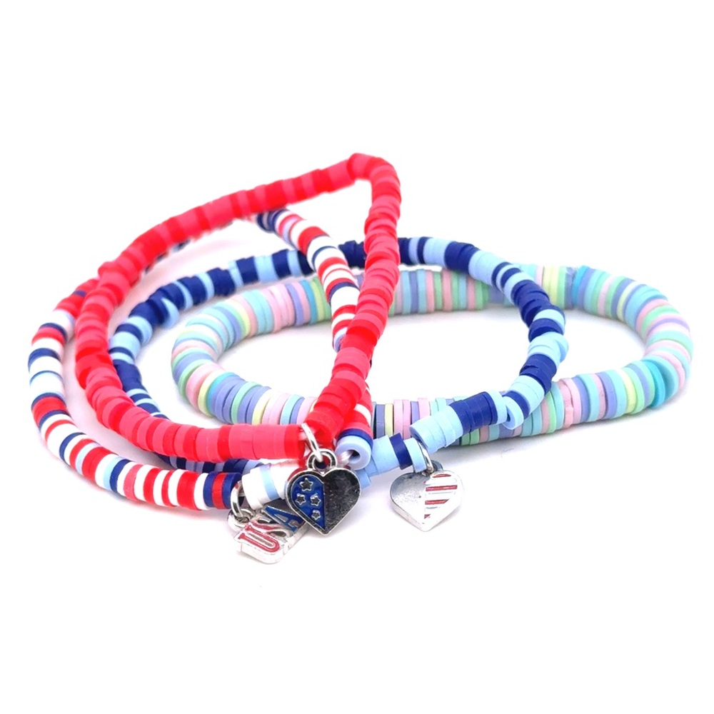 Kids Multicolor Heart Charm Stretch Bracelet Set - Red, Blue, Pastel (d)